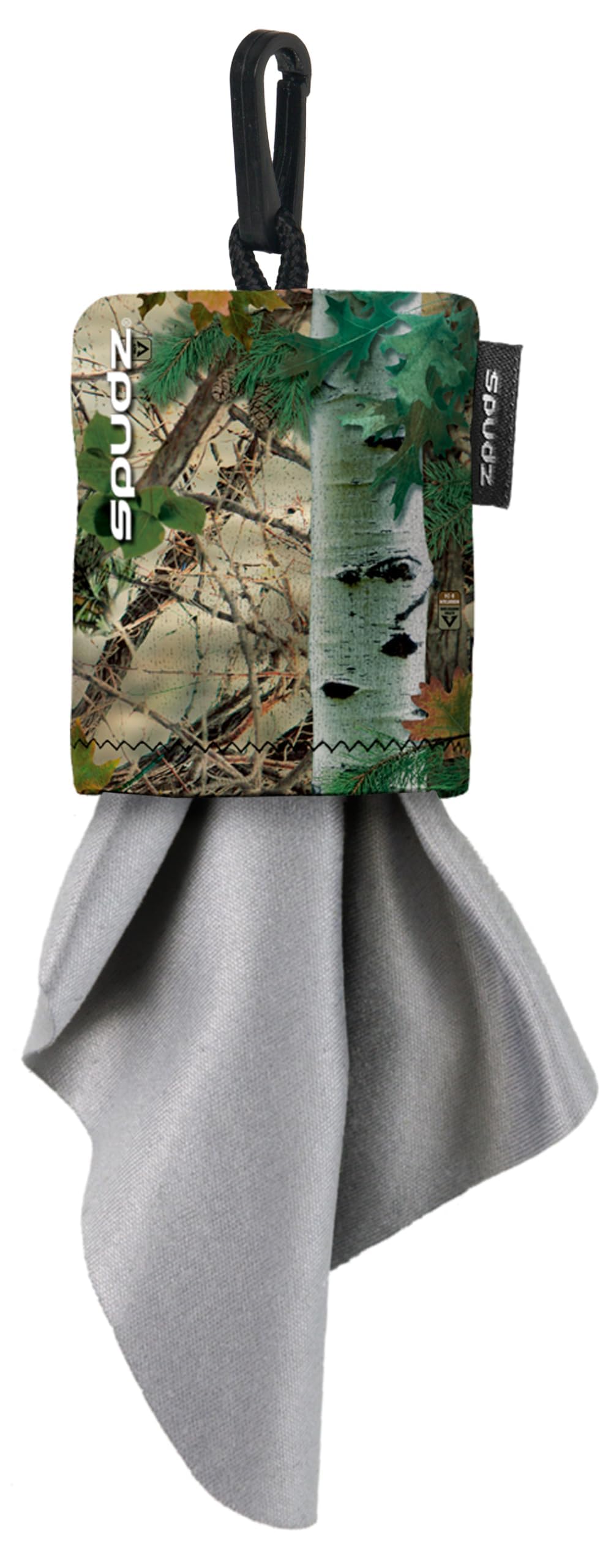 SPUDZ Classic microfiber lens cleaner in Alpine Mountain Camo with clip-on pouch (6x6 inch cloth)
