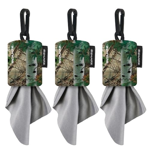SPUDZ Classic microfiber lens cleaner in Alpine Mountain Camo with clip-on pouch