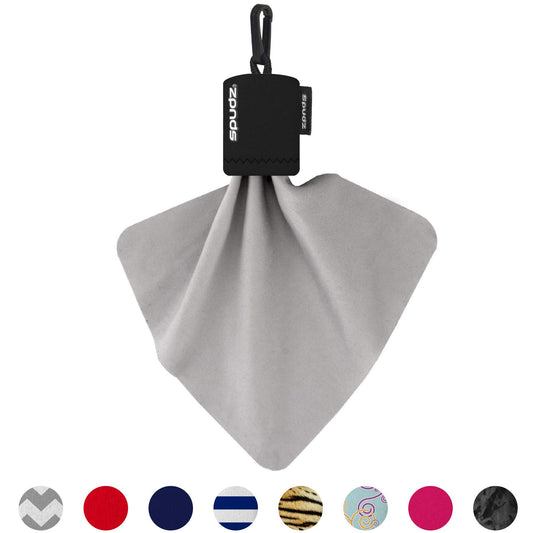 Close-up of SPUDZ microfiber cleaning cloth tucked in the clip-on pouch