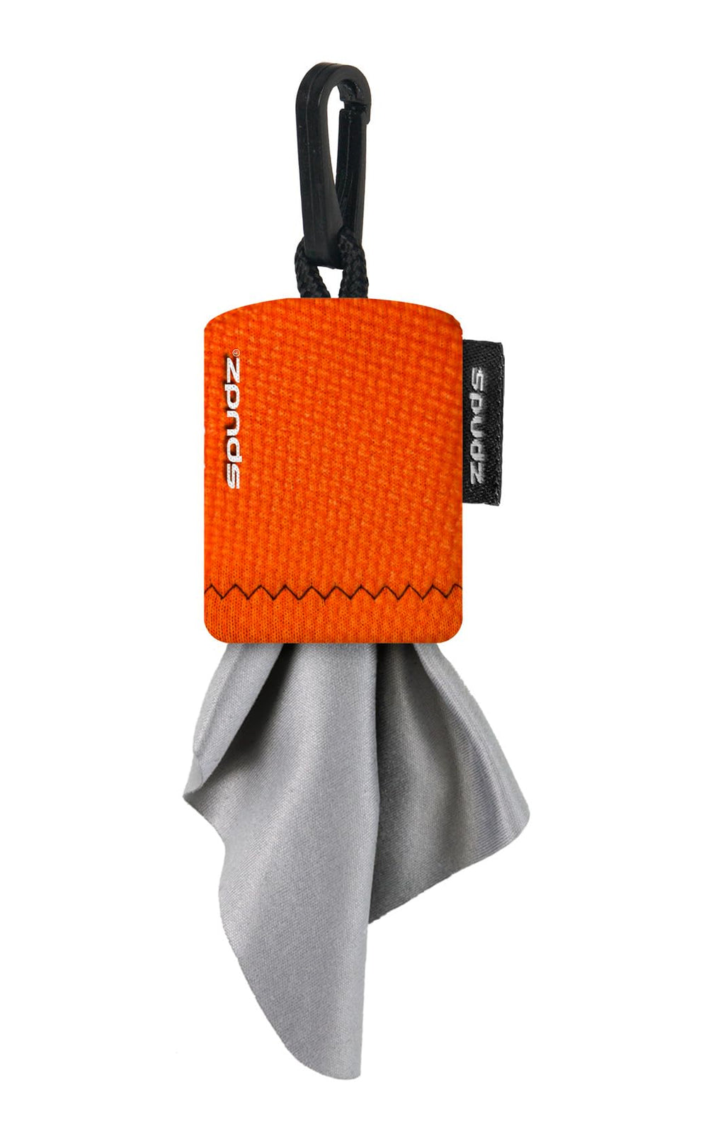 SPUDZ Classic Microfiber Lens Cleaner in Blaze Orange clip-on pouch with 10 x 10 inch cloth