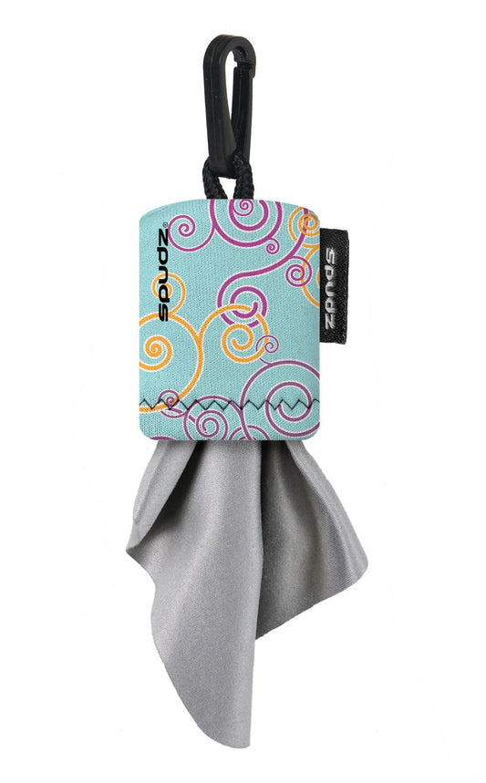 SPUDZ Classic microfiber lens cleaner with clip-on pouch in baby blue swirl design