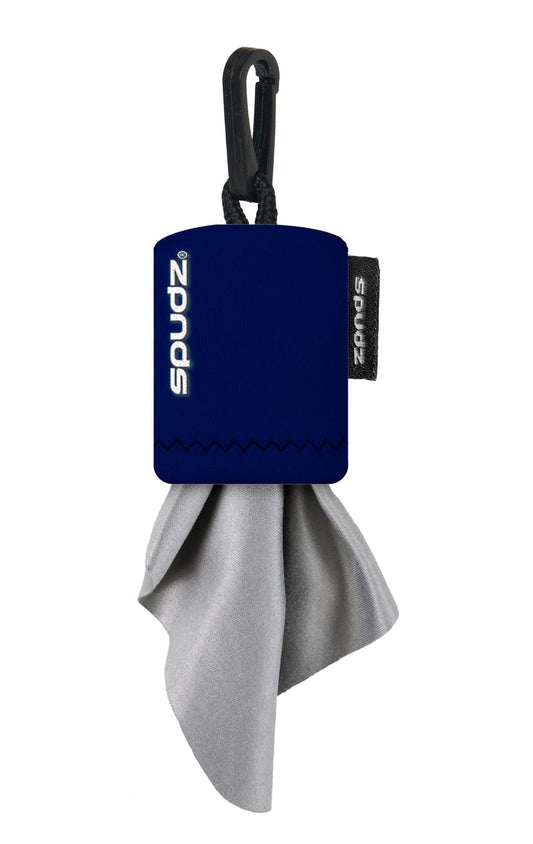 SPUDZ Classic microfiber cloth tucked inside navy blue clip-on pouch (6x6 inches)