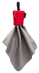 SPUDZ Classic microfiber lens cleaner with red clip-on pouch (front view)