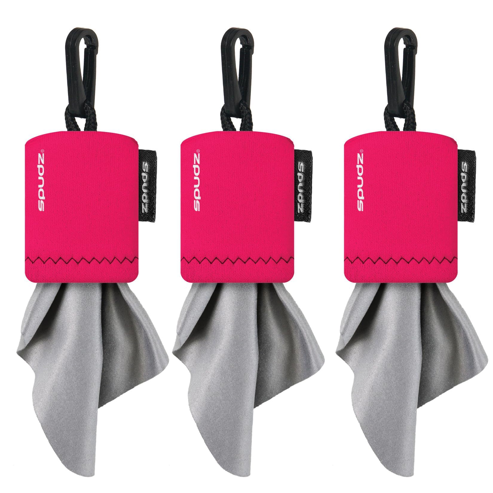 SPUDZ Classic pink microfiber lens cleaner with clip-on pouch and 6x6 inch cloth