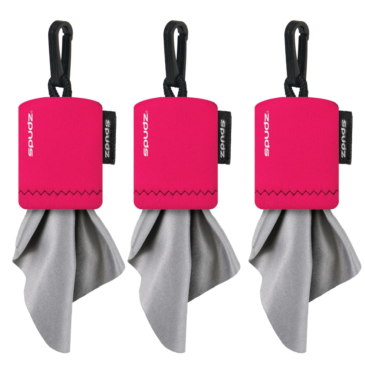SPUDZ Classic pink microfiber lens cleaner with clip-on pouch and 6x6 inch cloth