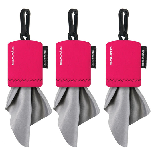 SPUDZ Classic pink microfiber lens cleaner with clip-on pouch and 6x6 inch cloth