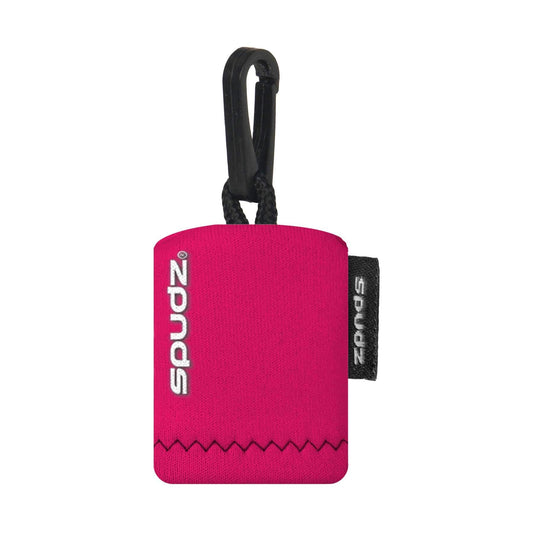 Close-up of SPUDZ clip-on pouch showing the attached microfiber cloth