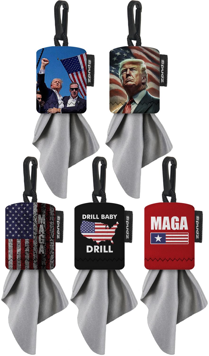 Spudz Classic Trump MAGA Variety Pack with five microfiber towels and neoprene pouches