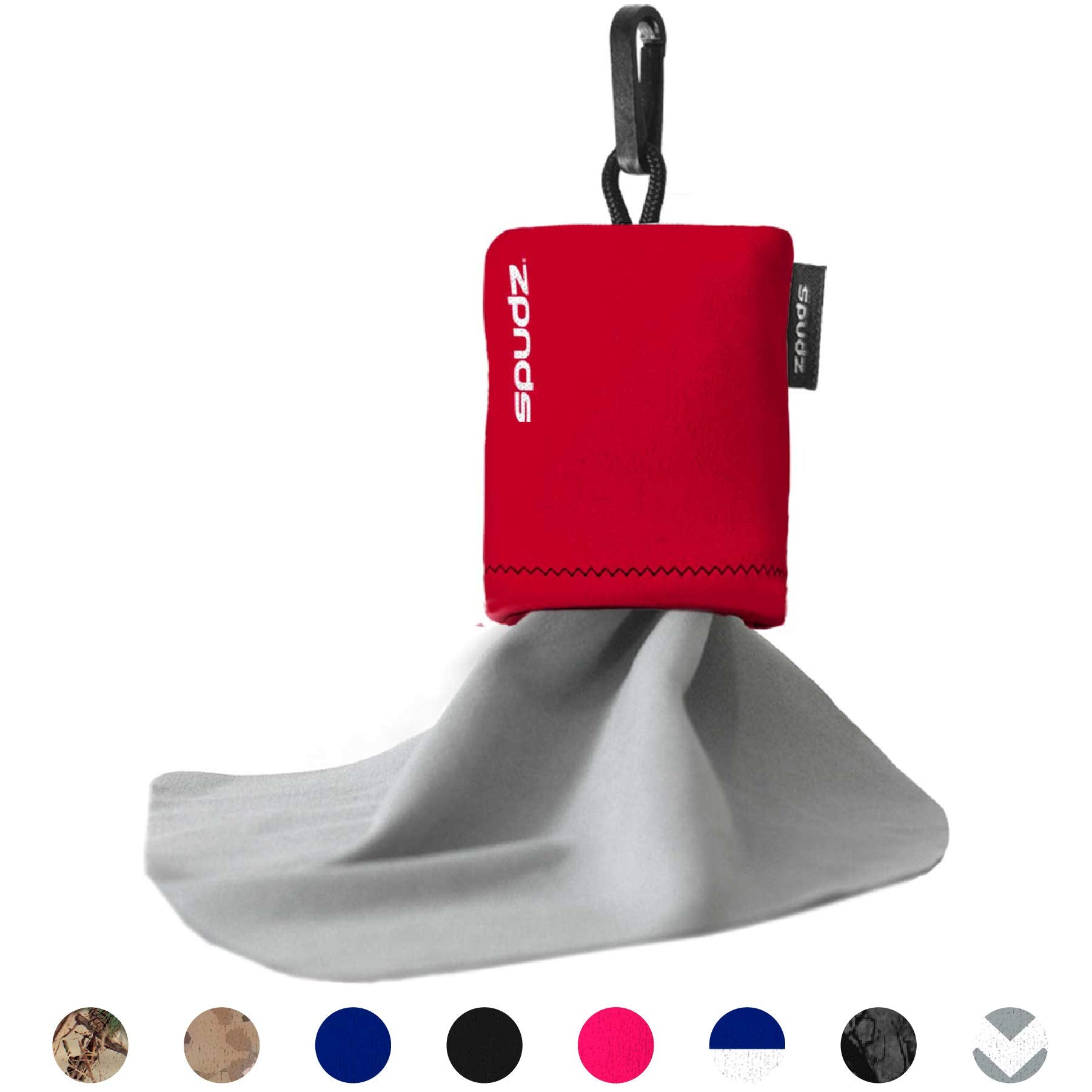 Closable neoprene pouch with plastic clip for easy attachment