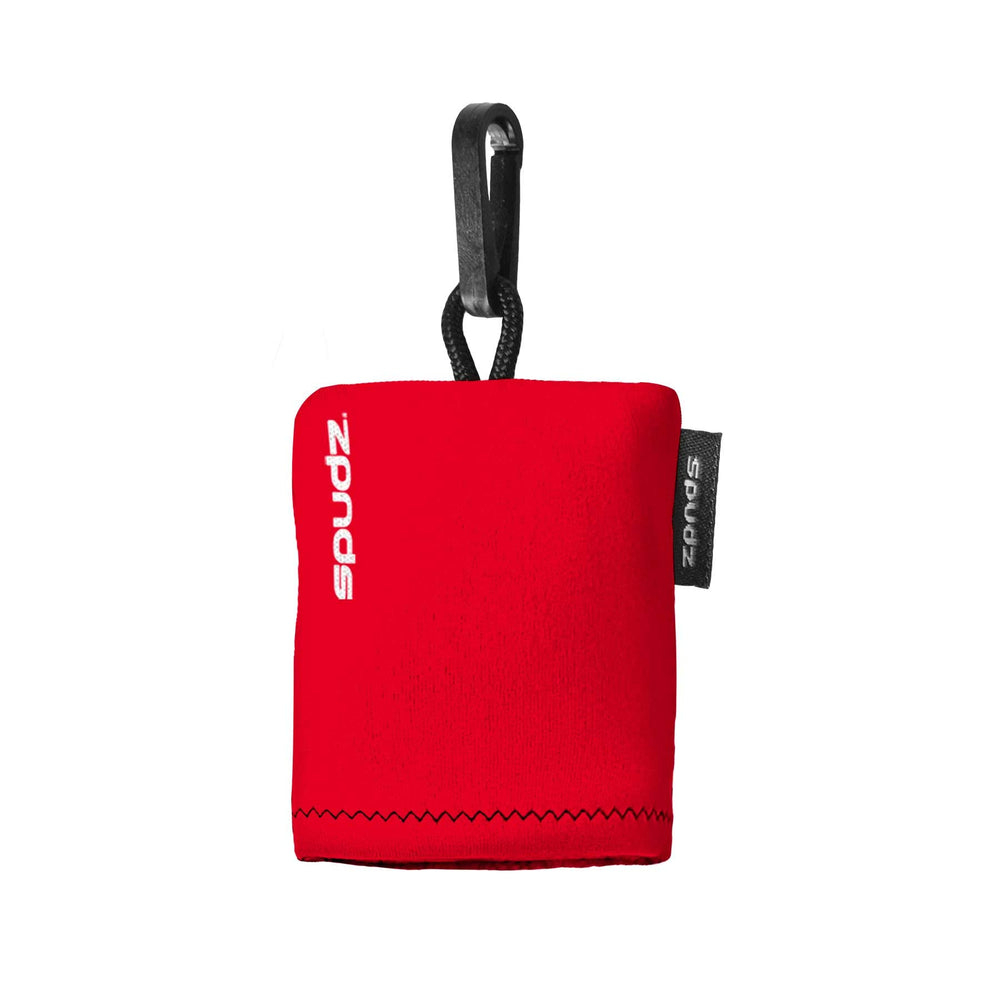 Red SPUDZ microfiber cloth, 10x10, attached to a closable neoprene pouch
