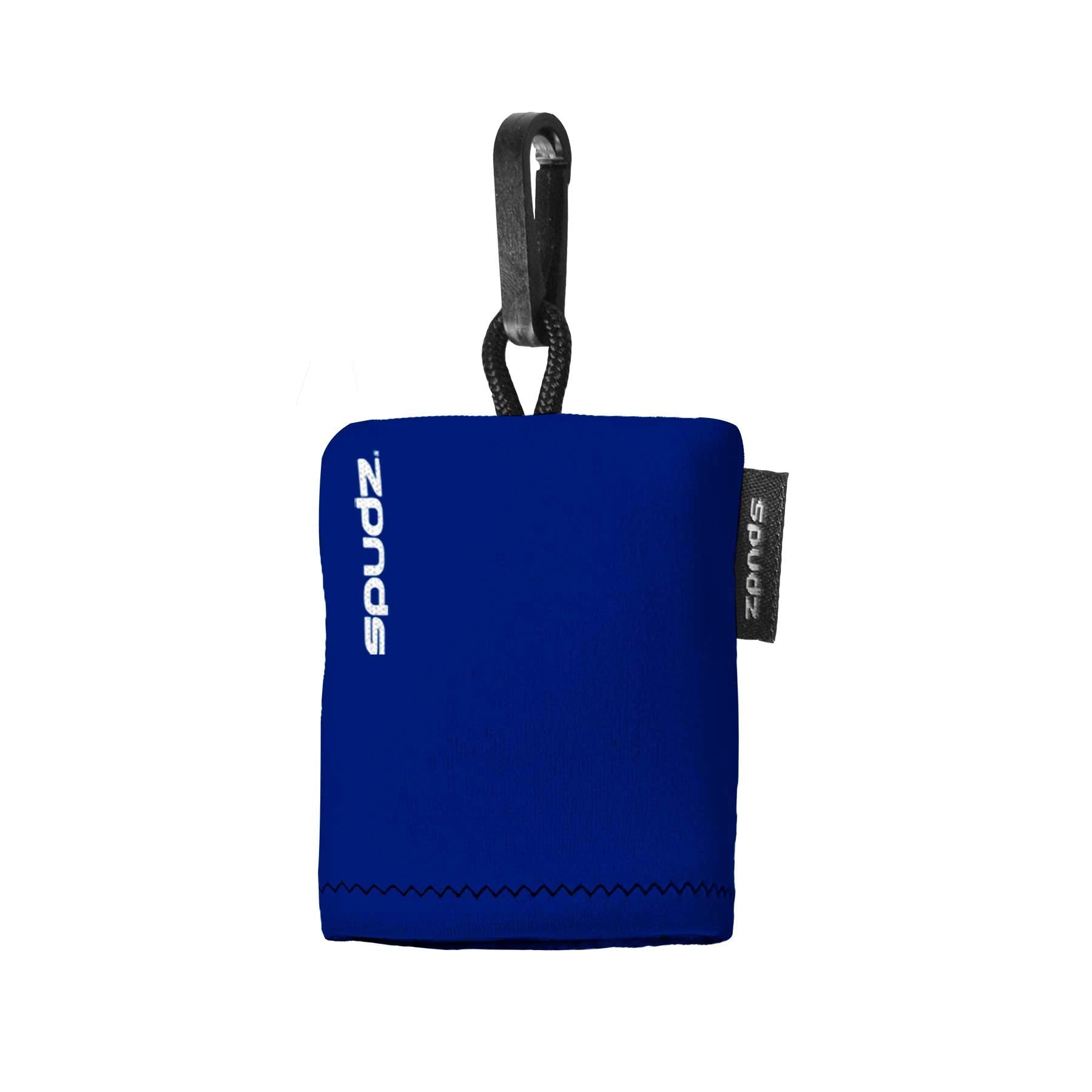 Spudz microfiber cloth screen cleaner attached to a navy blue neoprene pouch, 10x10 size