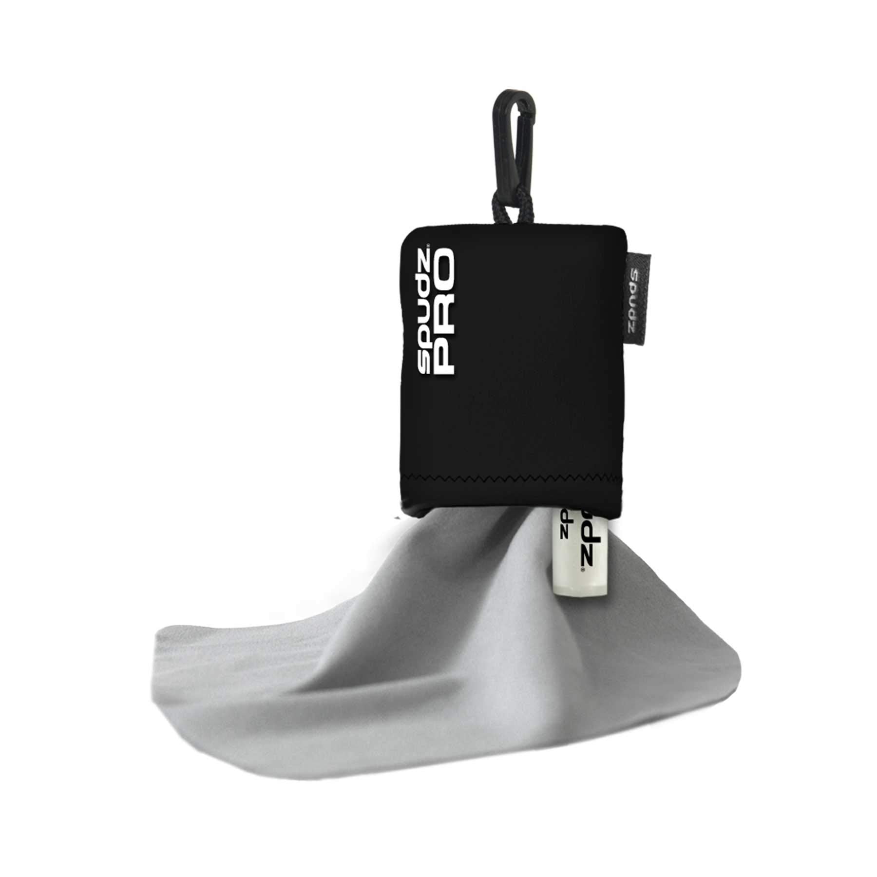 SPUDZ Pro 10x10 microfiber cloth attached to a closed-bottom neoprene pouch