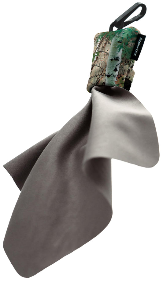SPUDZ Ultra microfiber lens cleaner in Alpine Mountain Camo with closable 6x6 inch pouch