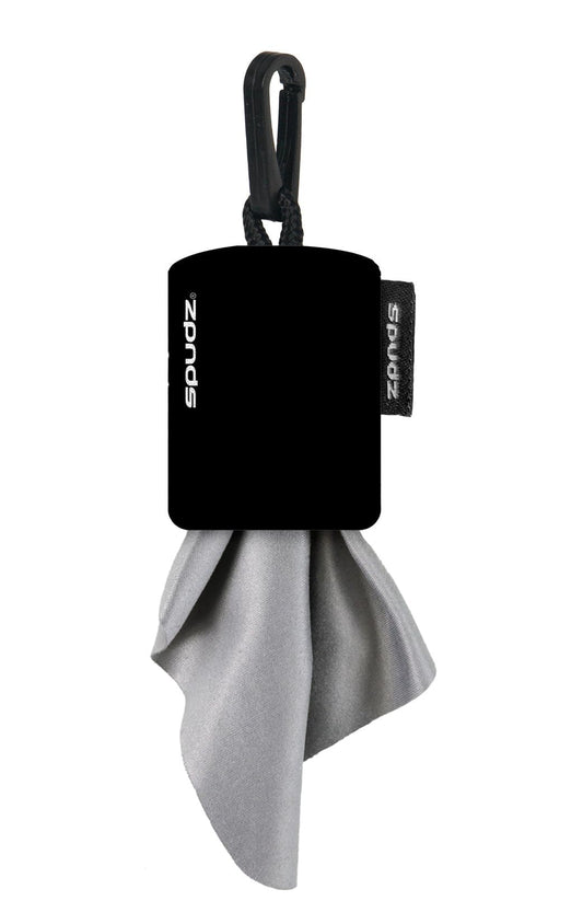 Front view of SPUDZ Ultra closable neoprene pouch with 6x6 inch microfiber cloth (black) – 2-pack