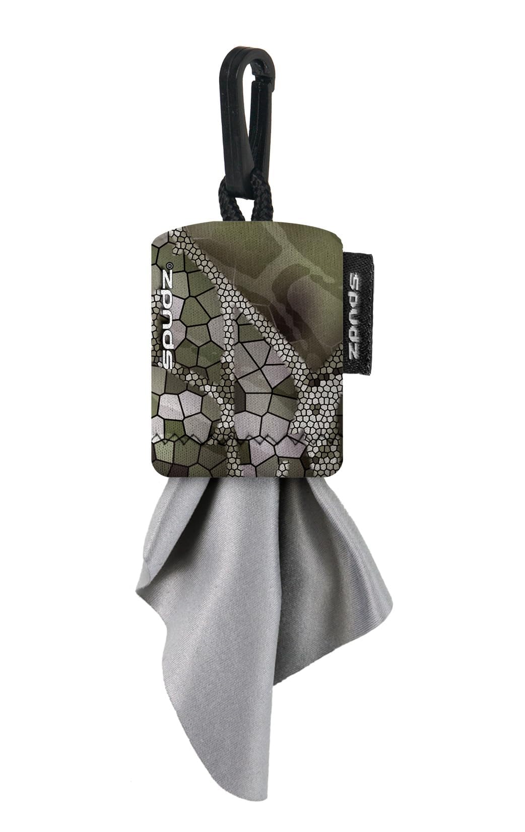 SPUDZ Ultra microfiber lens cleaner attached to a closable Vanish Tan neoprene pouch with a 6x6 inch cloth