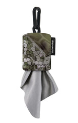 SPUDZ Ultra microfiber lens cleaner attached to a closable Vanish Tan neoprene pouch with a 6x6 inch cloth