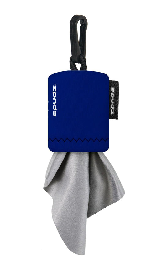 Spudz Ultra microfiber lens cleaner attached to navy blue closable neoprene pouch