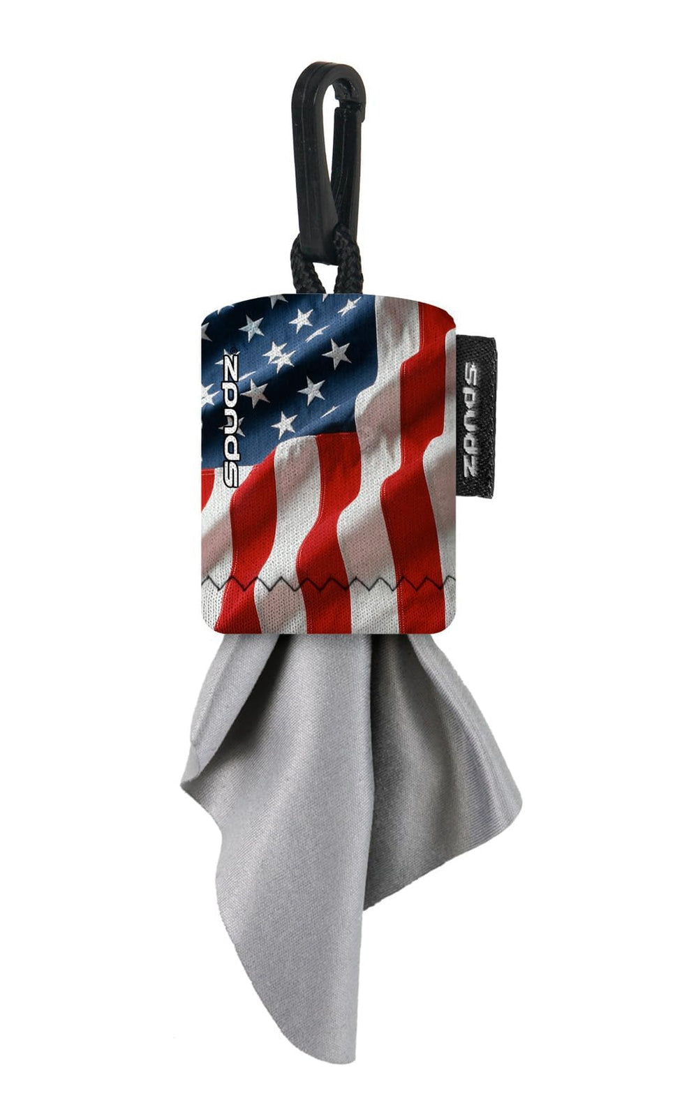 Front view of SPUDZ Ultra microfiber lens cleaner with USA flag design and 6x6 inch cloth