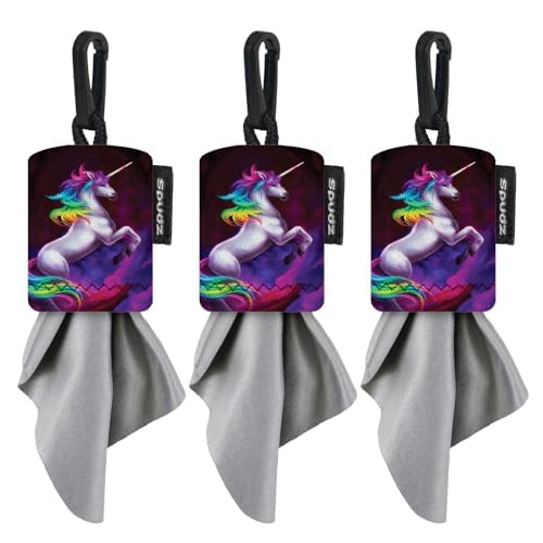 Front view of SPUDZ Classic Vibrant Unicorn microfiber lens cleaner with clip-on pouch (6x6 inches)