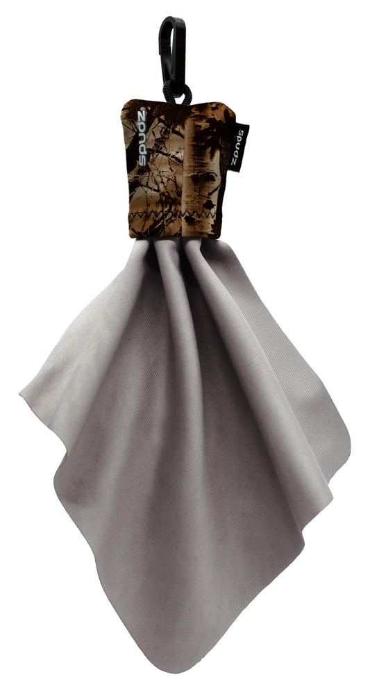 SPUDZ Classic microfiber lens cleaner in Stealth Bronze with clip-on pouch (6x6 in)