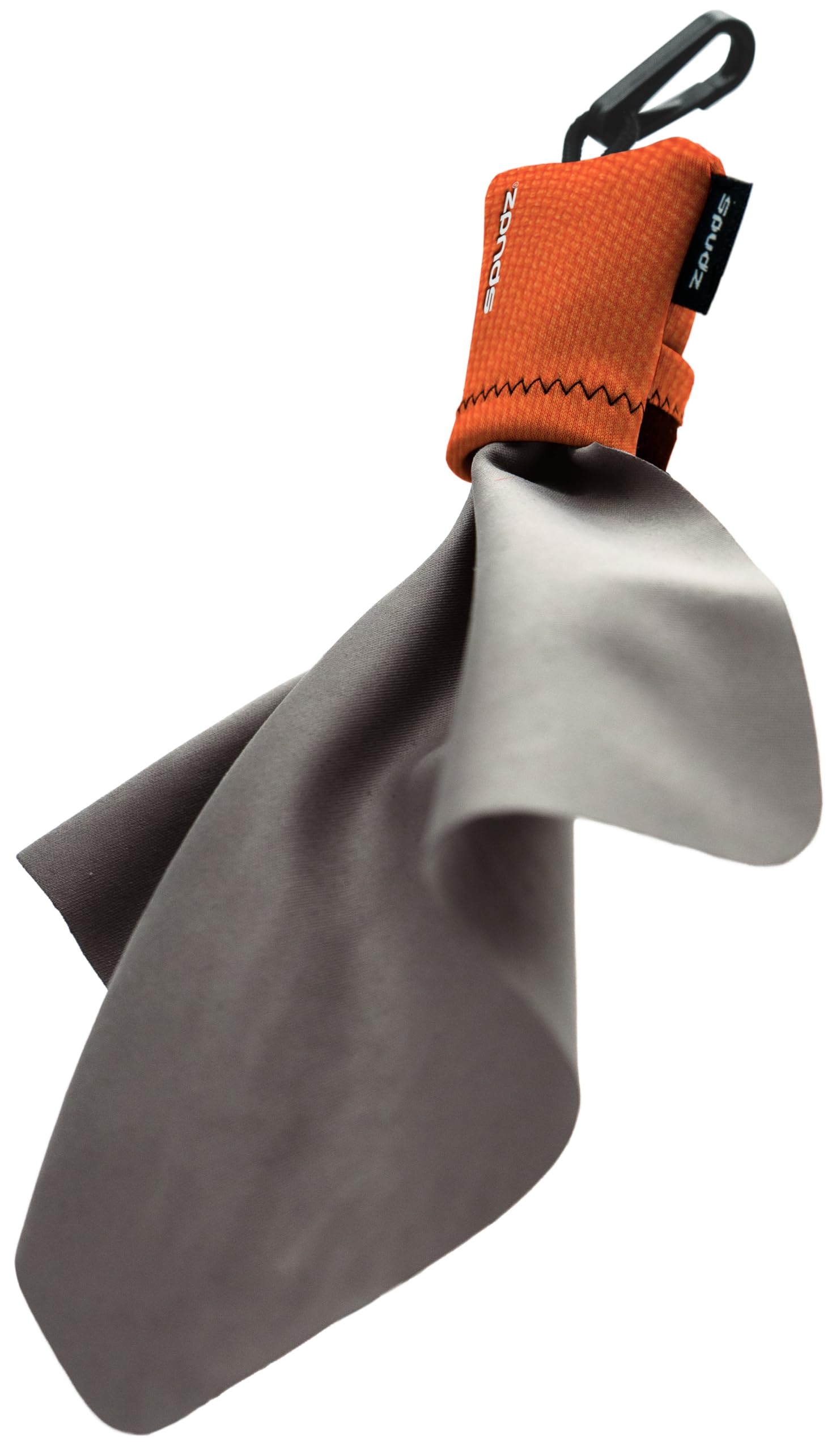 SPUDZ Ultra microfiber cloth attached to closable blaze orange neoprene pouch
