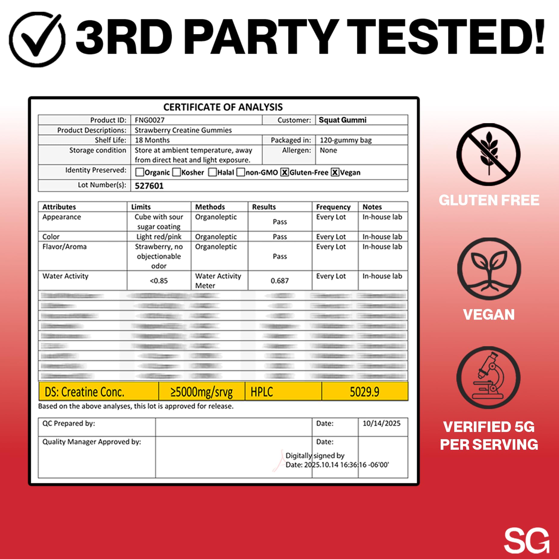Product label showing creatine monohydrate and third-party testing