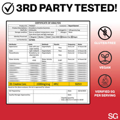 Product label showing creatine monohydrate and third-party testing