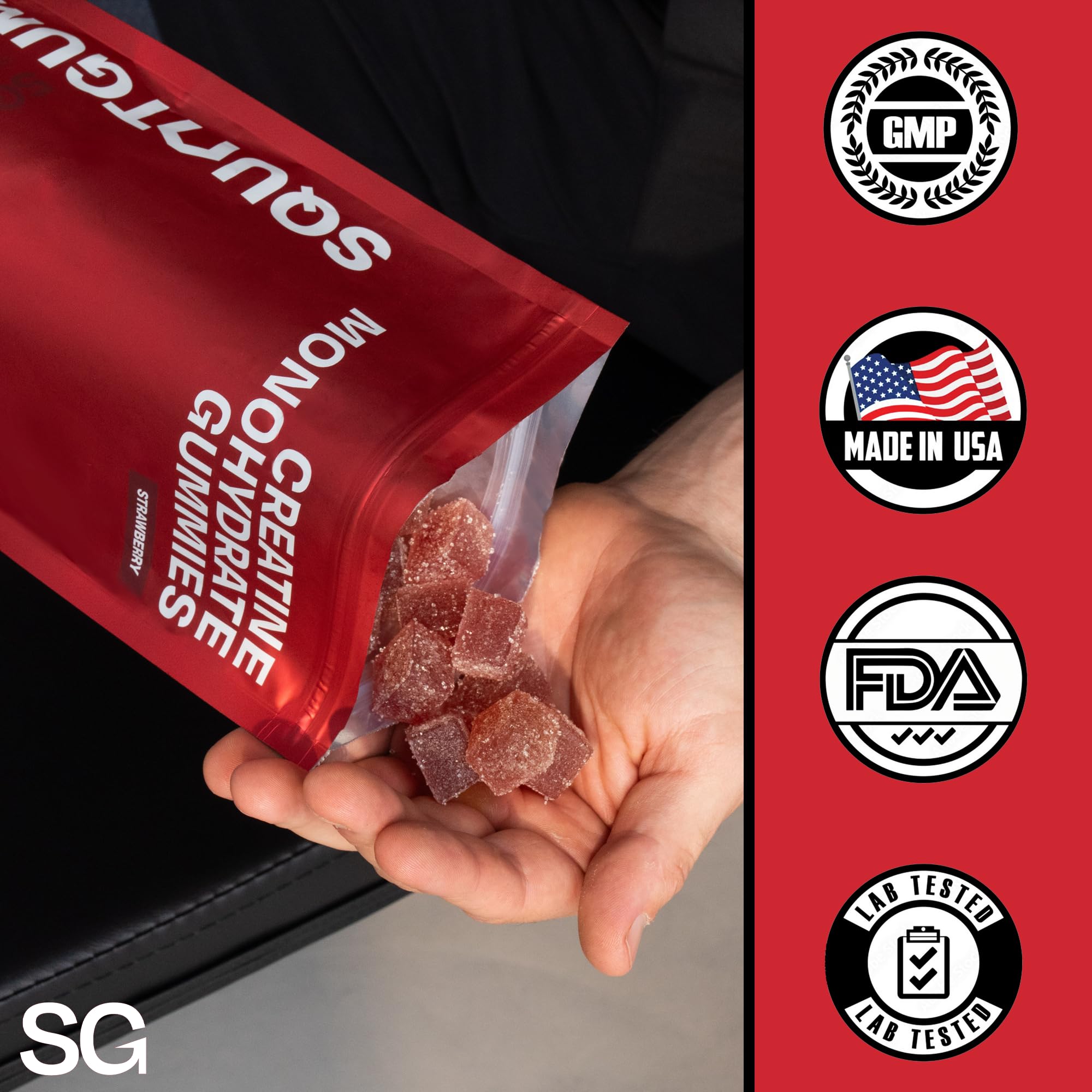 Gummies held in hand displaying strawberry flavor and texture