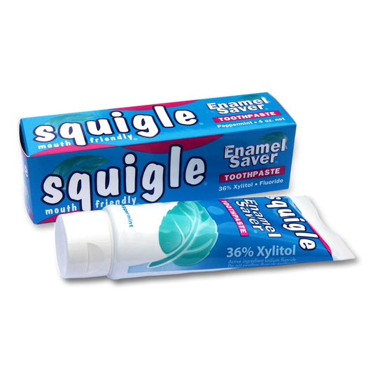 Squigle Enamel Saver toothpaste tube showing 36% xylitol and fluoride