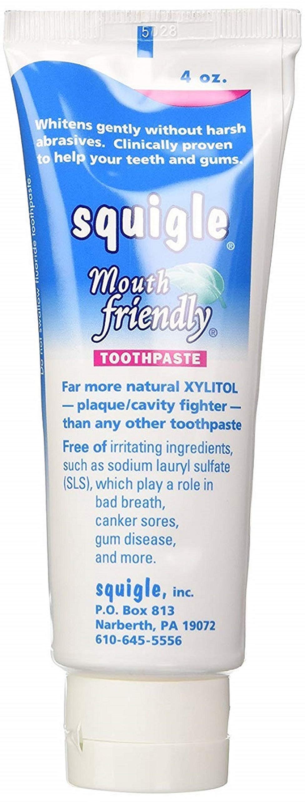 Label highlighting 36% xylitol by weight in Squigle toothpaste
