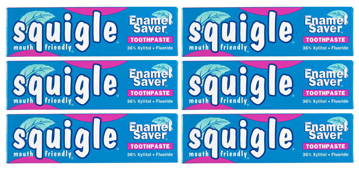 Squigle Enamel Saver Toothpaste 6-pack box front view