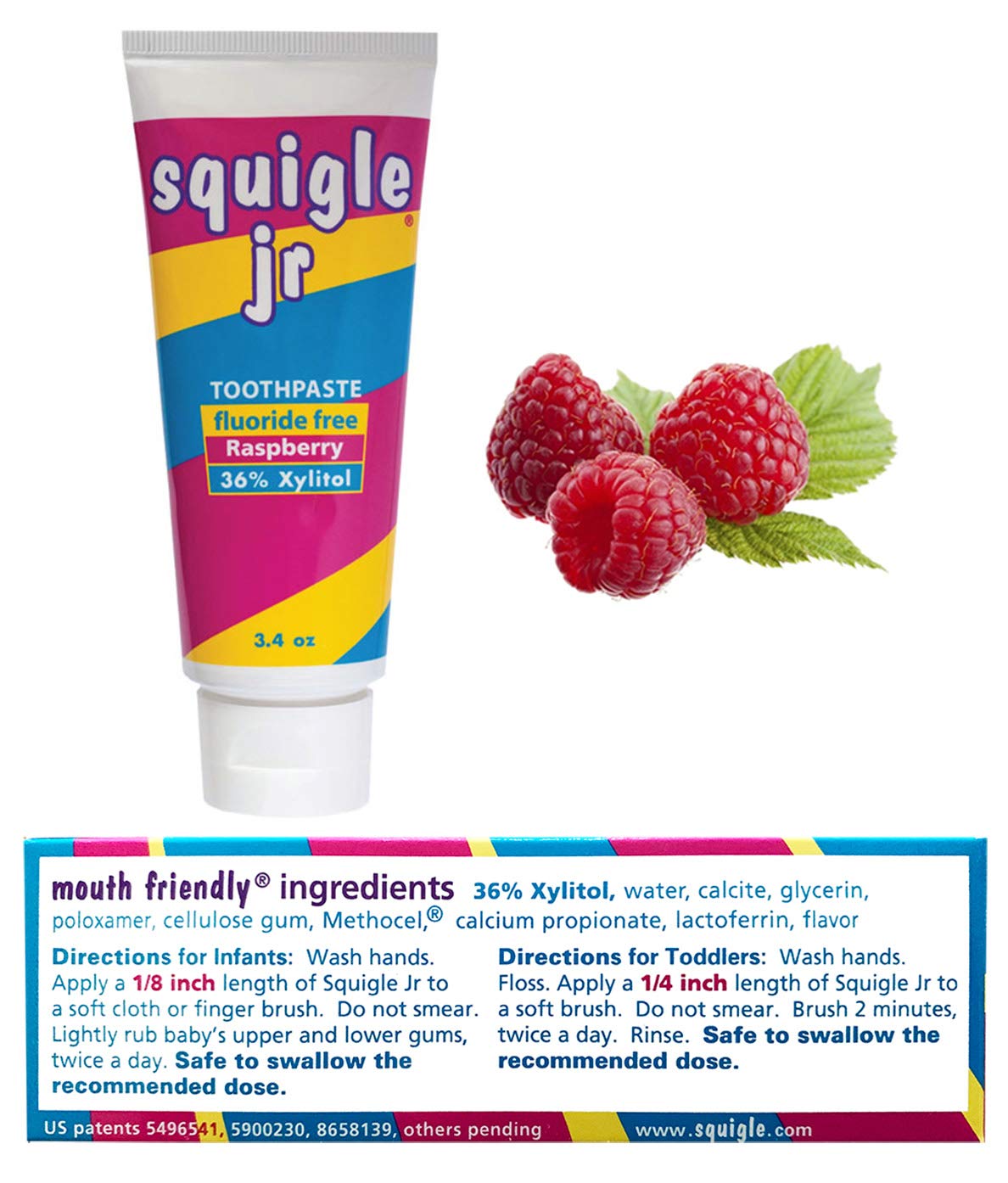 Squigle Jr packaging showing fluoride-free and no SLS