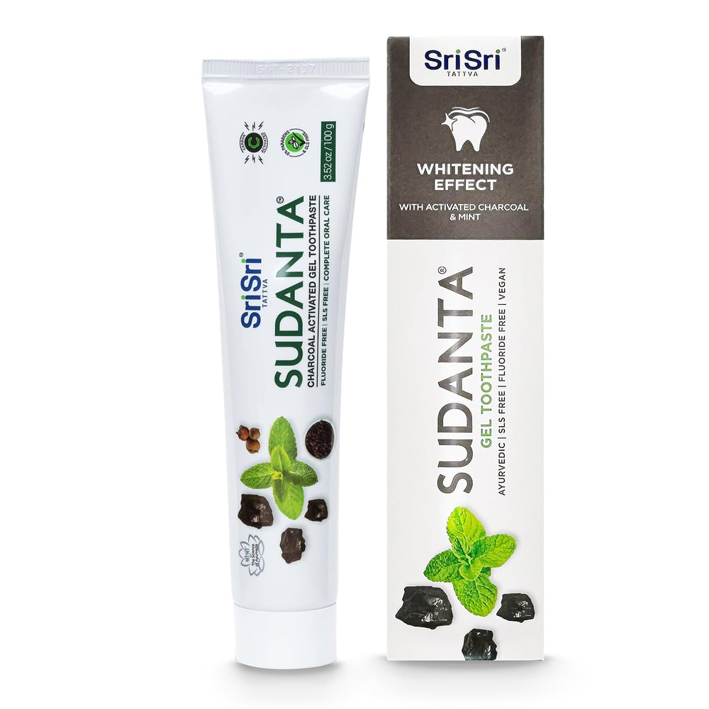 Front view of Sri Sri Tattva Sudanta Charcoal Toothpaste Gel tube