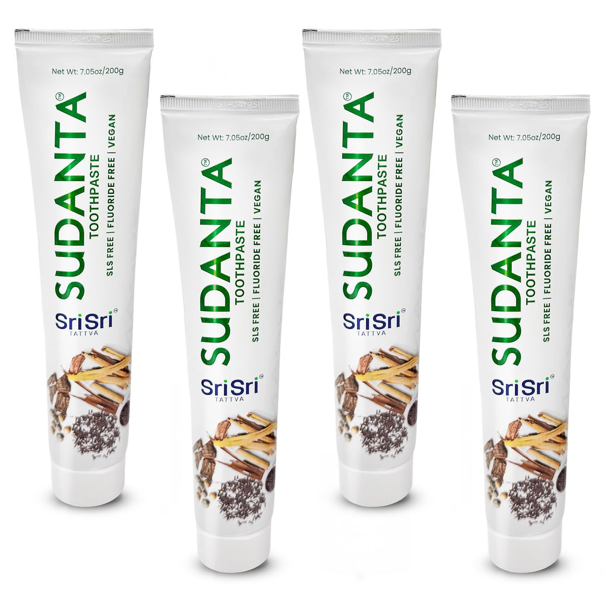 Front view of Sri Sri Tattva Sudanta herbal toothpaste tube with Ayurvedic branding