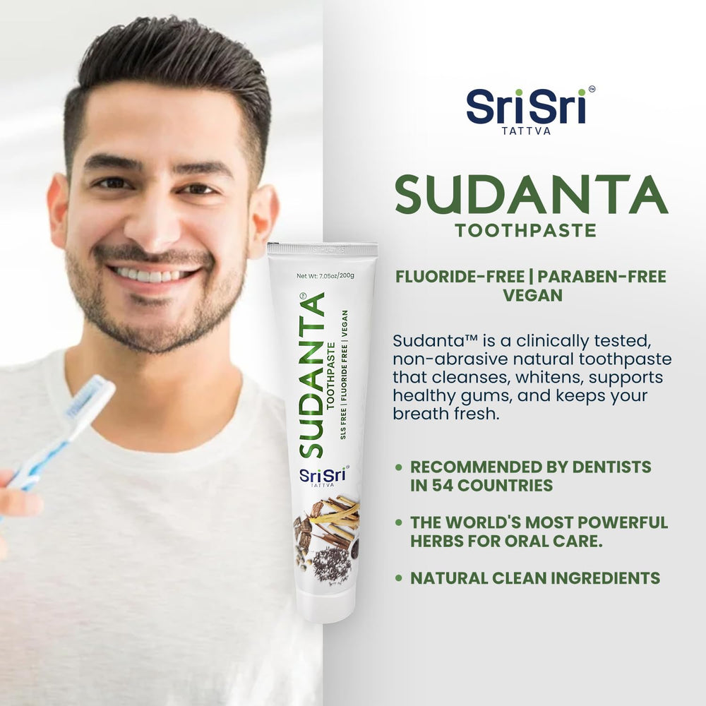 Pack shot showing three 200 g tubes of Sudanta toothpaste