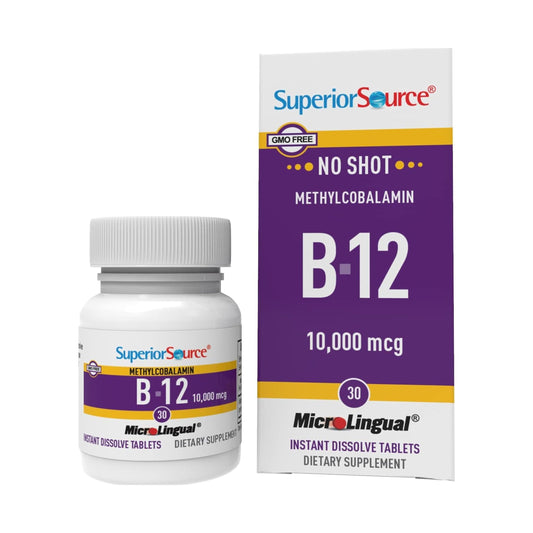 Bottle of Superior Source No Shot B-12 10000 mcg sublingual tablets