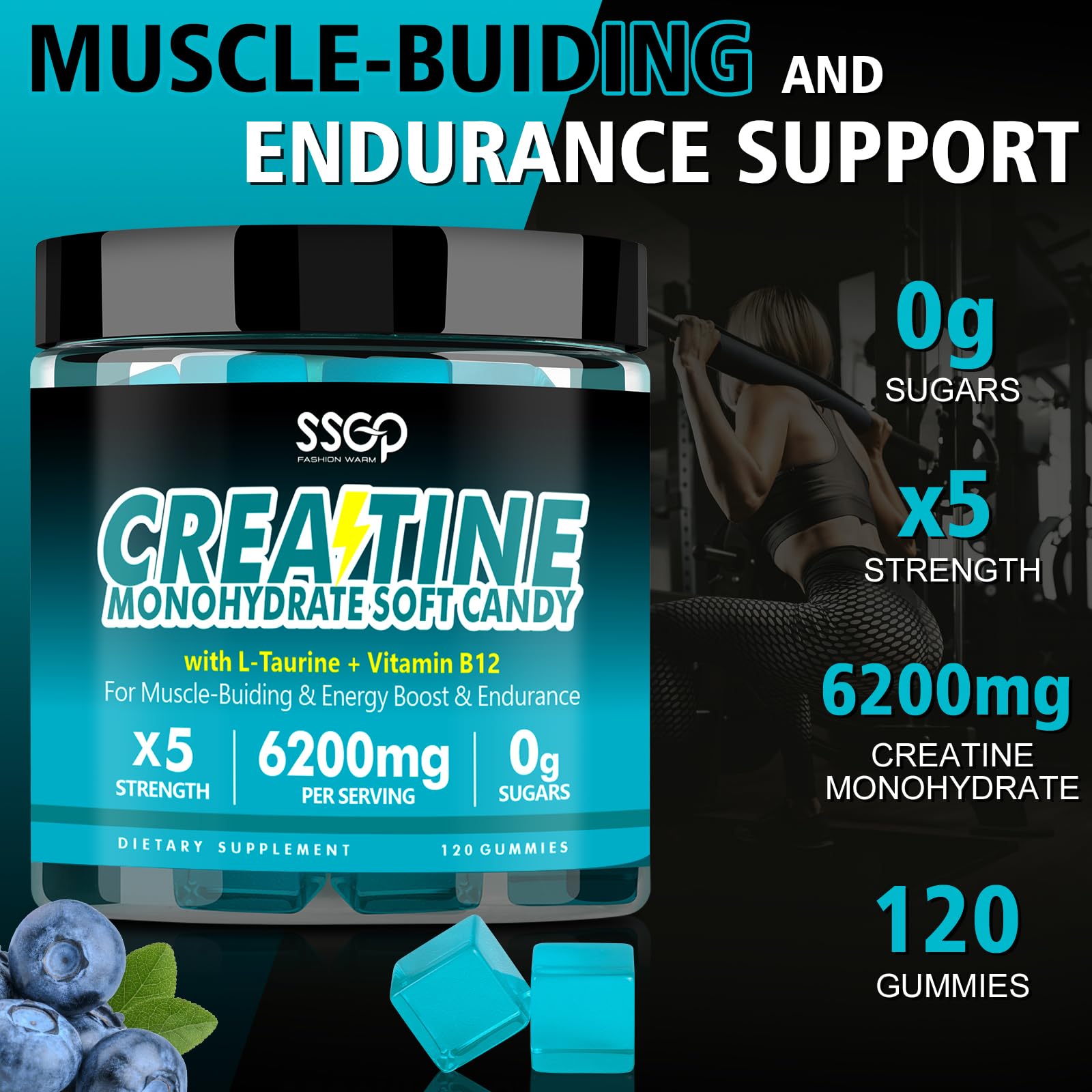 Back and nutrition panel of SSGP Creatine Monohydrate Gummies blueberry 120 count