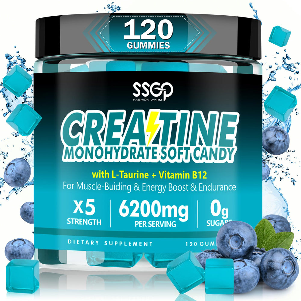 Front view of SSGP Creatine Monohydrate Gummies blueberry flavor bottle