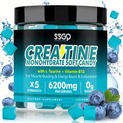 Packaged bottle of SSGP Creatine Monohydrate Gummies blueberry 120ct