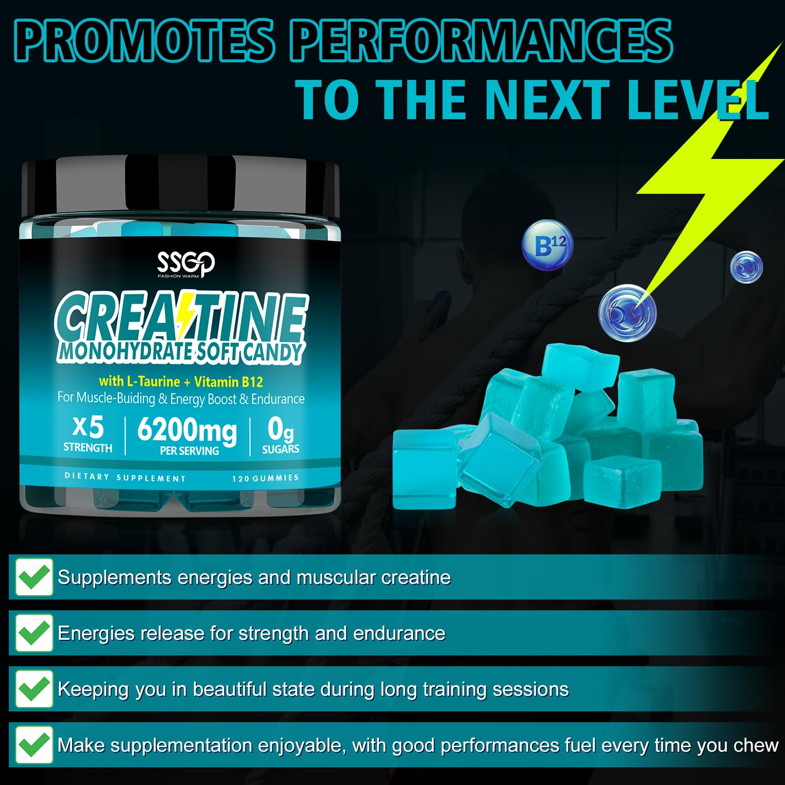 Vegan, sugar-free blueberry Creatine Monohydrate Gummies in bottle