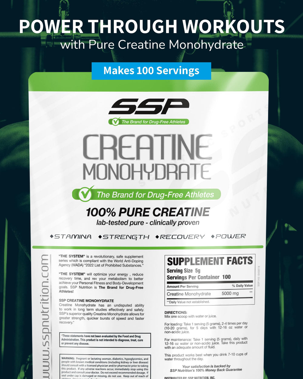 Front view of SSP Creatine Monohydrate packaging