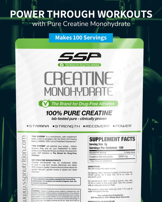 Front view of SSP Creatine Monohydrate packaging