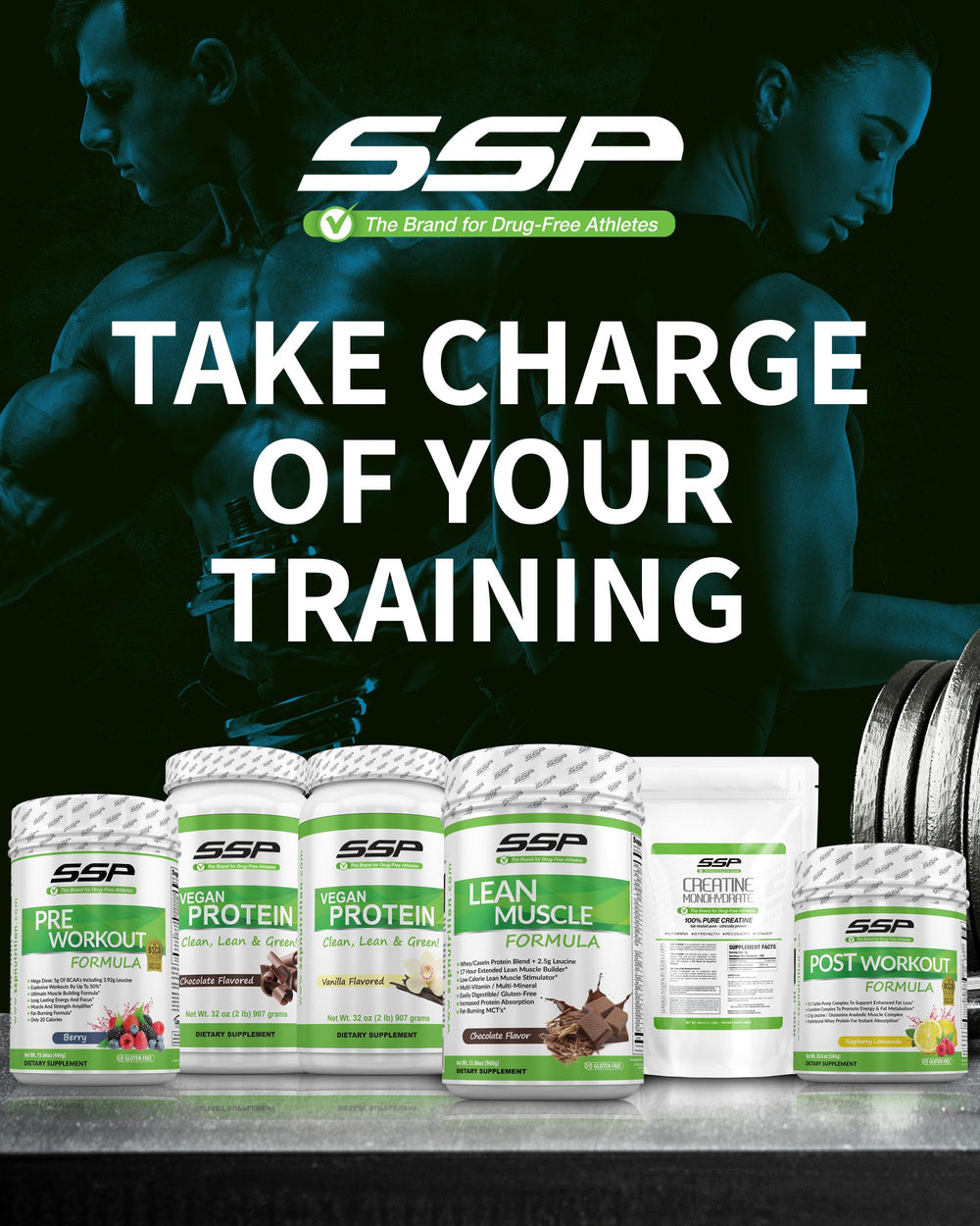 SSP Creatine Monohydrate product on gym table with scoop