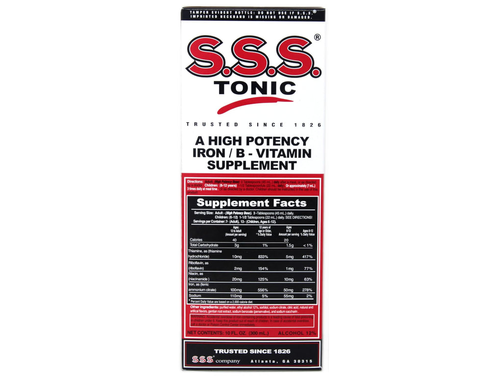 Close-up of S.S.S. Tonic bottle label showing iron and vitamin B