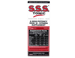 Close-up of S.S.S. Tonic bottle label showing iron and vitamin B