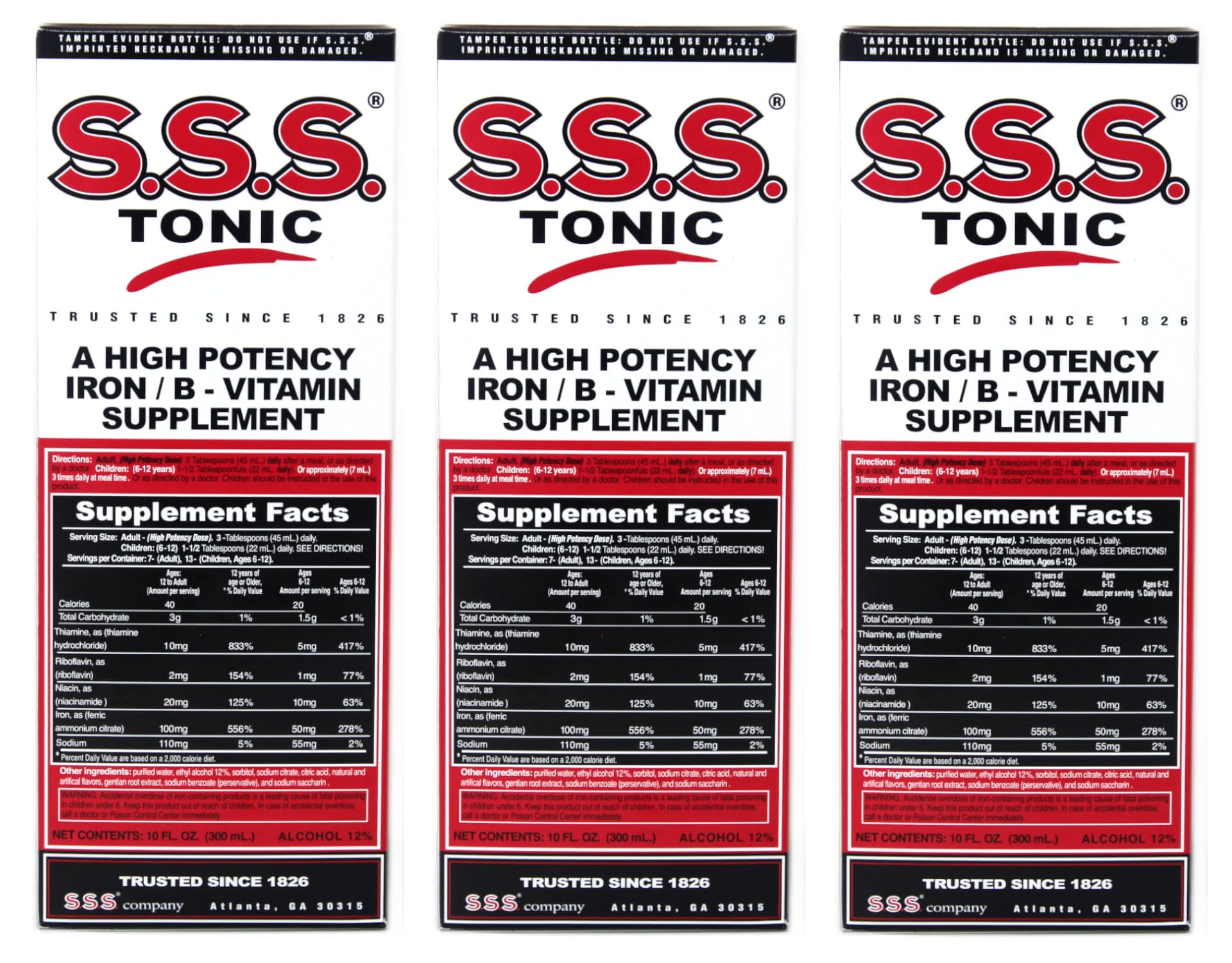 Nutrition facts panel for S.S.S. Tonic 10oz