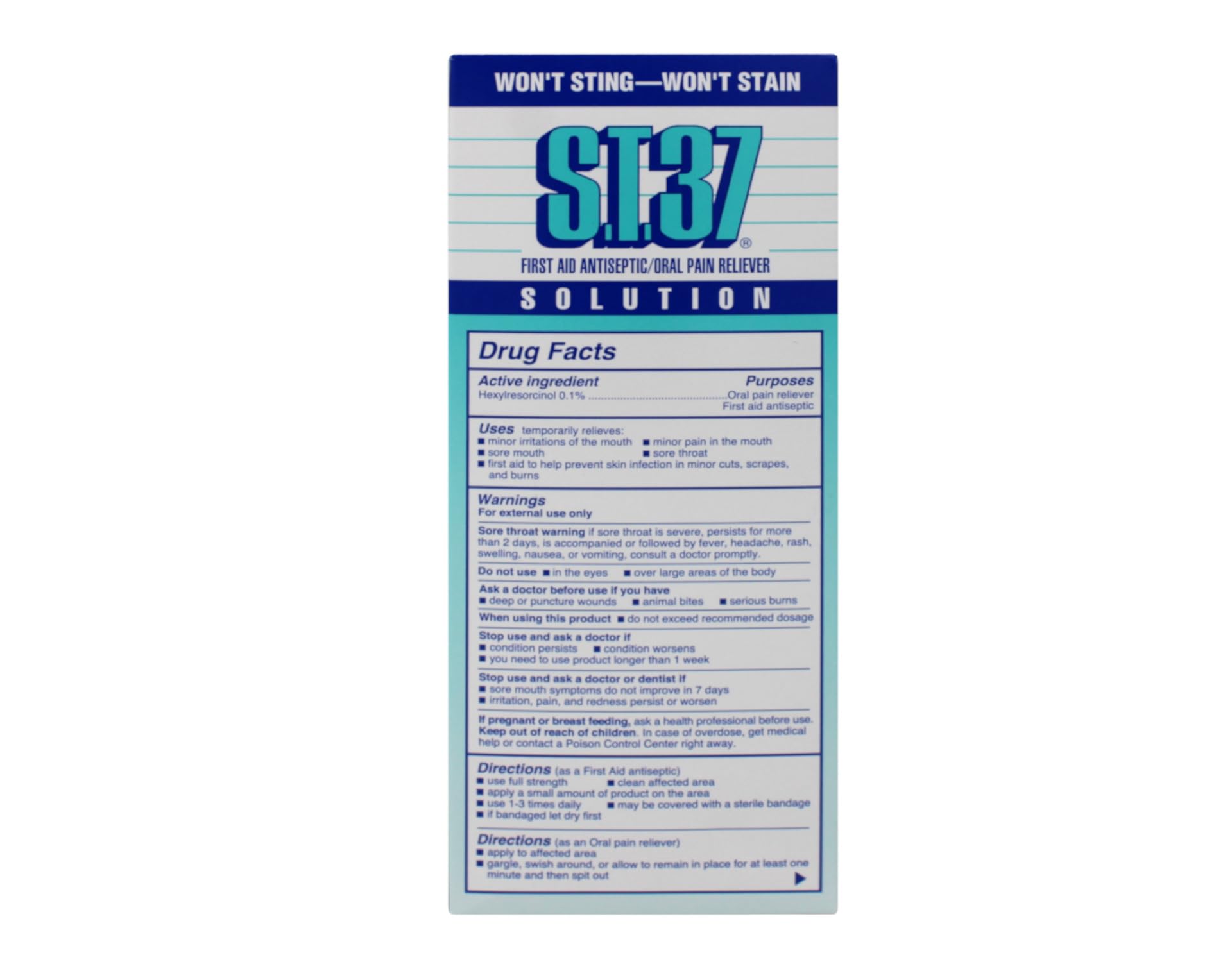 Front view of ST 37 antiseptic solution bottle and packaging