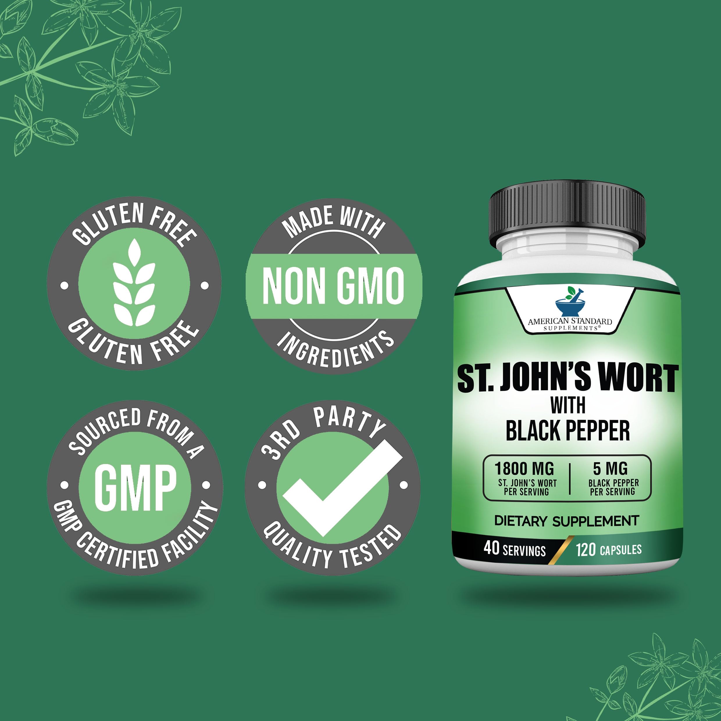 Gluten-free and Non-GMO St. John’s Wort capsules by American Standard Supplements