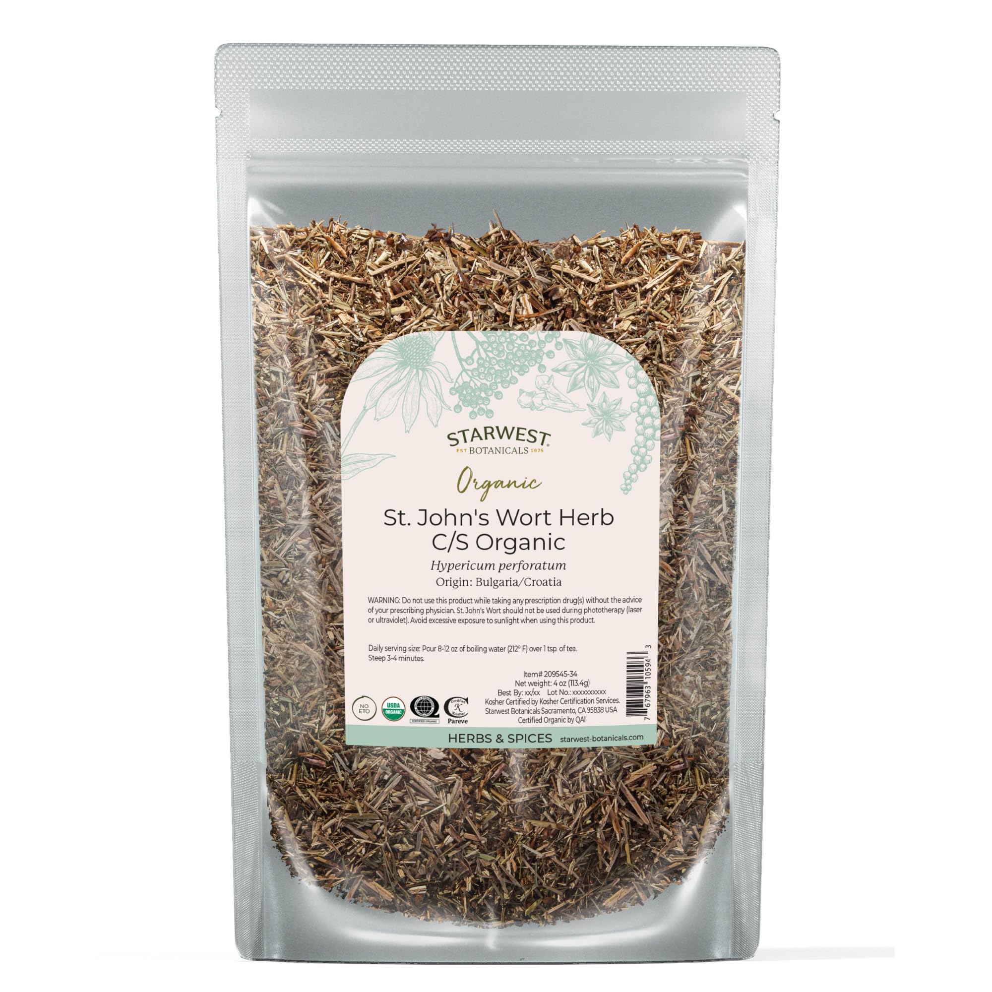 Organic St. John's Wort dried herb in a 4 oz pouch, cut and sifted
