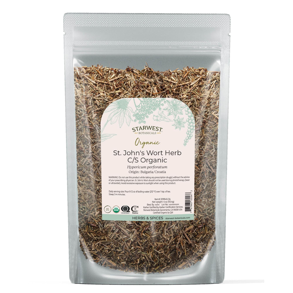 Organic St. John's Wort dried herb in a 4 oz pouch, cut and sifted
